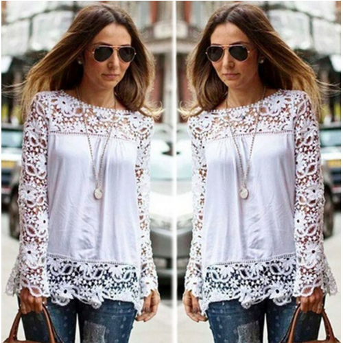 Women Sheer Sleeve Embroidery Lace Crochet Chiffon Shirt Image 1