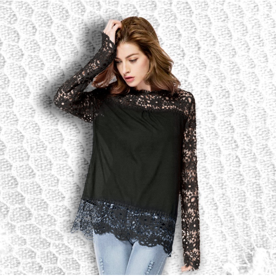 Women Sheer Sleeve Embroidery Lace Crochet Chiffon Shirt Image 4