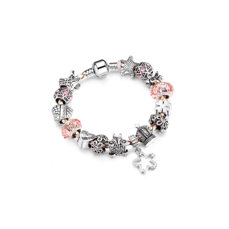 Pink Swarovski Elements Crystal Crown Heart Charm Leather Bracelet Genuine Leather Image 1