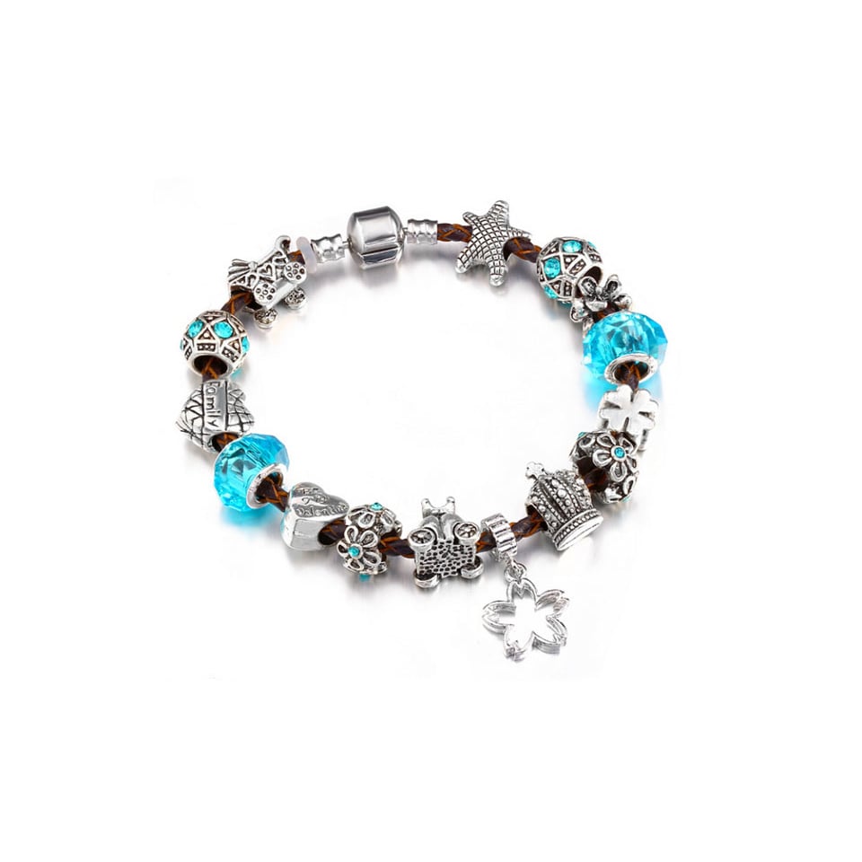 Blue Swarovski Elements Crystal Heart Crown Charm Leather Bracelet Genuine Leather Image 1