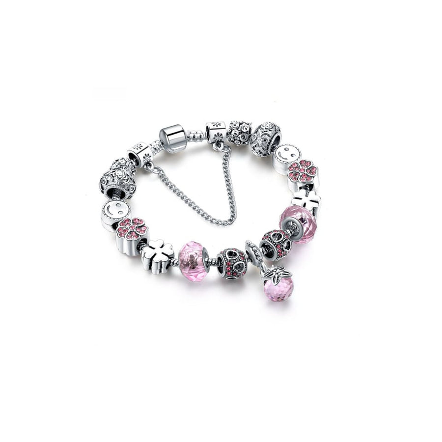 Pink Swarovski Elements Crystal Charm Bracelet Silver Plated Brass Smiley Face Image 1