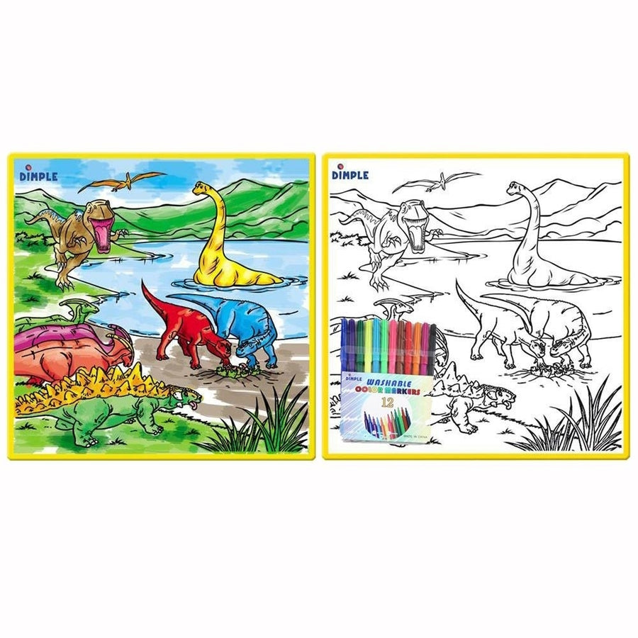 Large Washable Kids Coloring Play Mat w/ 'Jurassic Dinosaur Era' Design  w/ 12 Washable Markers 'the Perfect Alternative Image 1