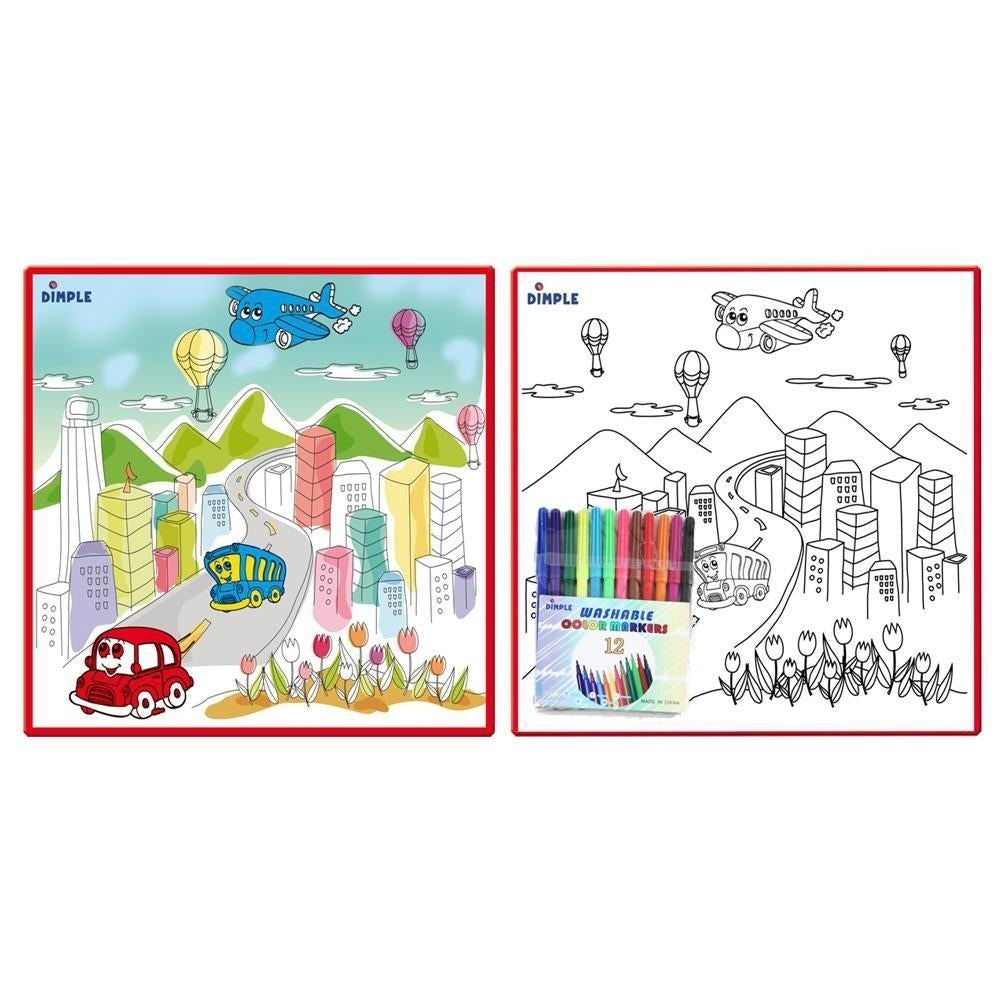 Kids Washable Coloring Play Mat City Life Design 12 Markers 19.5x19.5 Inches Image 1