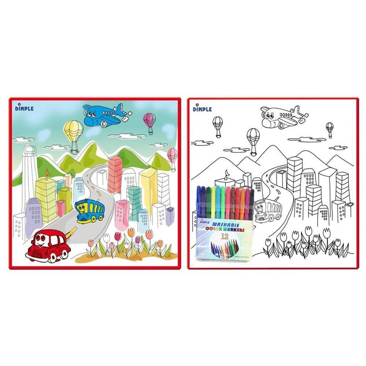 Kids Washable Coloring Play Mat City Life Design 12 Markers 19.5x19.5 Inches Image 1