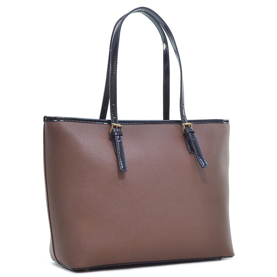 Dasein Saffiano Leather Patent Trim Tote Bag/Handbag Image 1