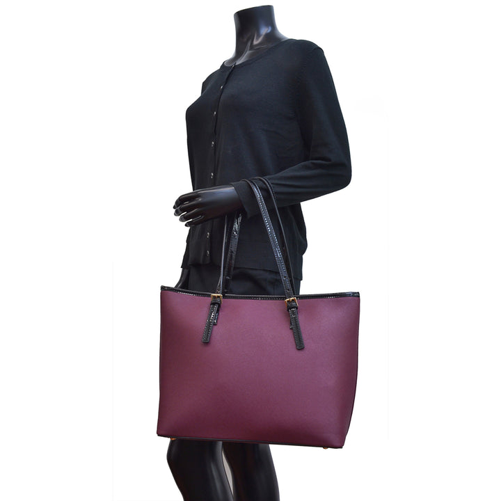 Dasein Saffiano Leather Patent Trim Tote Bag/Handbag Image 10