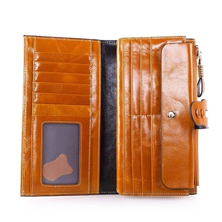 Womens Large Capacity Luxury Waxy Leather Card Purse Wallet Image 6