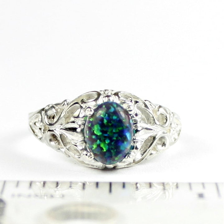 SR113 Created Blue Green Opal 925 Sterling Silver Ring, Image 4