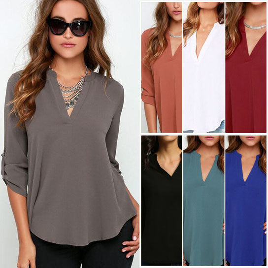 Roll Tab Sleeve V Neck Chiffon Blouse Top in Plus Size Image 1