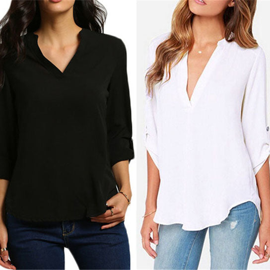 Roll Tab Sleeve V Neck Chiffon Blouse Top in Plus Size Image 4