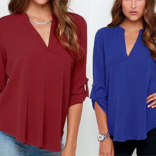 Roll Tab Sleeve V Neck Chiffon Blouse Top in Plus Size Image 4