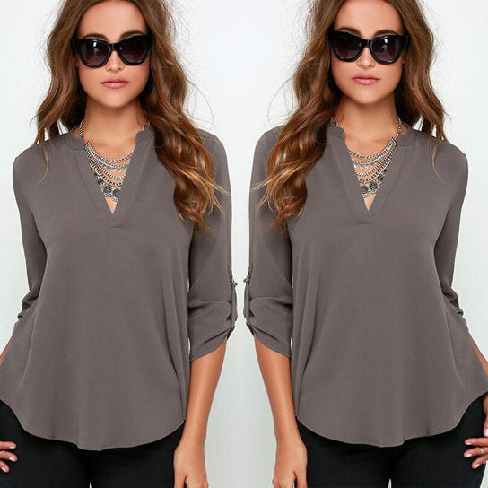 Roll Tab Sleeve V Neck Chiffon Blouse Top in Plus Size Image 2