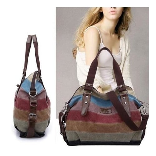 Women Stripe Canvas Tote Shoulder Messenger Crossbody Bag Image 1