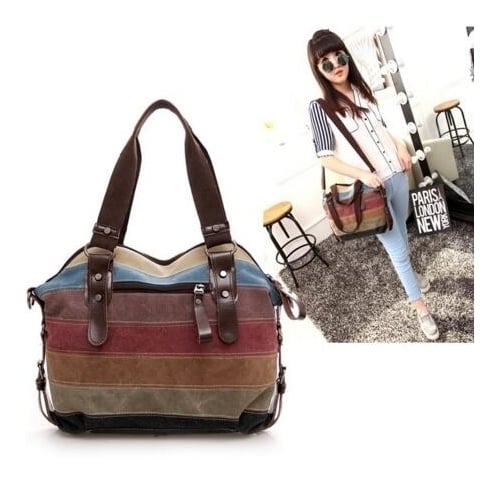 Women Stripe Canvas Tote Shoulder Messenger Crossbody Bag Image 2