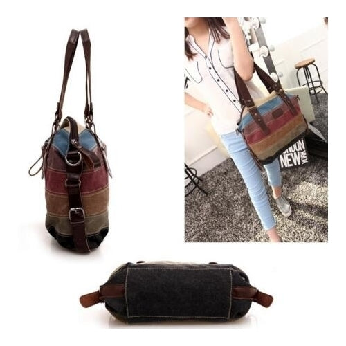 Women Stripe Canvas Tote Shoulder Messenger Crossbody Bag Image 3