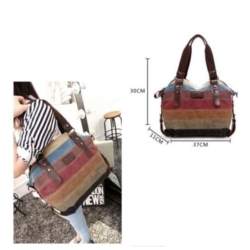 Women Stripe Canvas Tote Shoulder Messenger Crossbody Bag Image 4