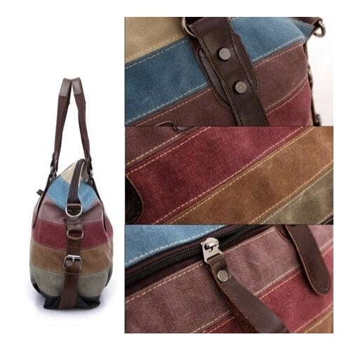 Women Stripe Canvas Tote Shoulder Messenger Crossbody Bag Image 6