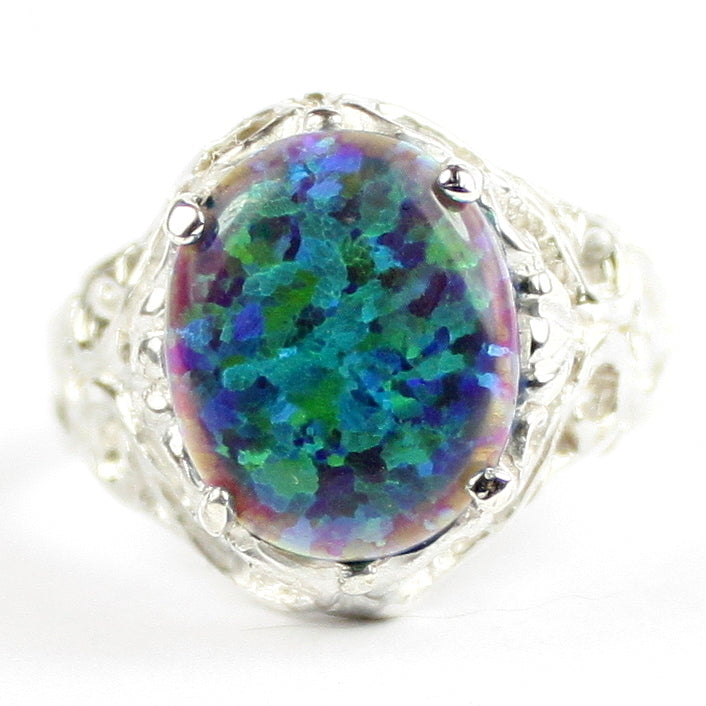 SR114 Created Blue Green Opal 925 Sterling Silver Ring, Image 1