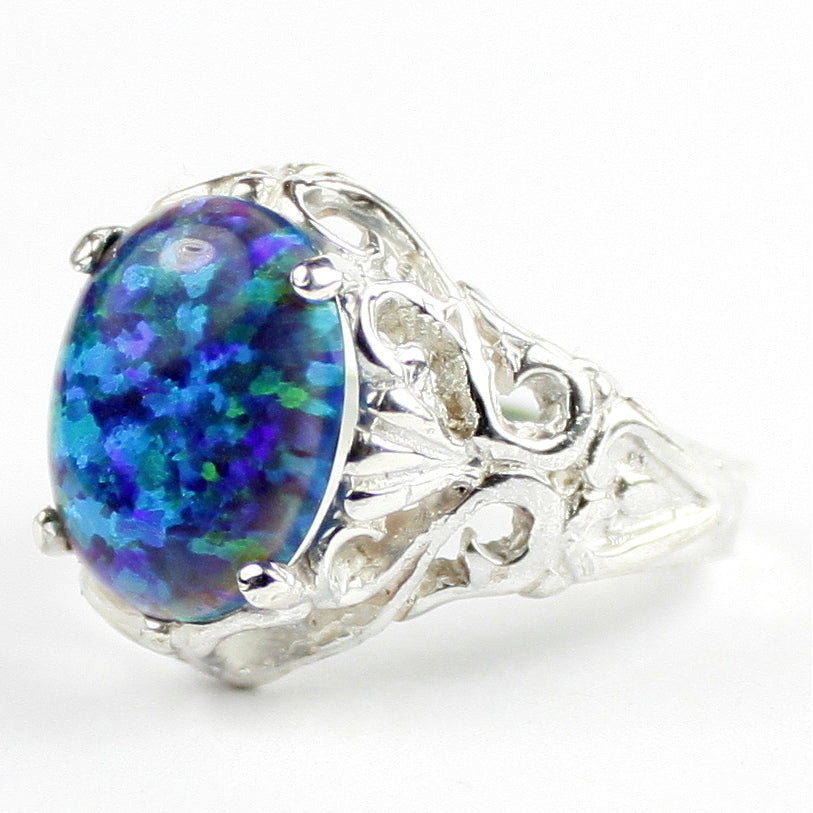 SR114 Created Blue Green Opal 925 Sterling Silver Ring, Image 2