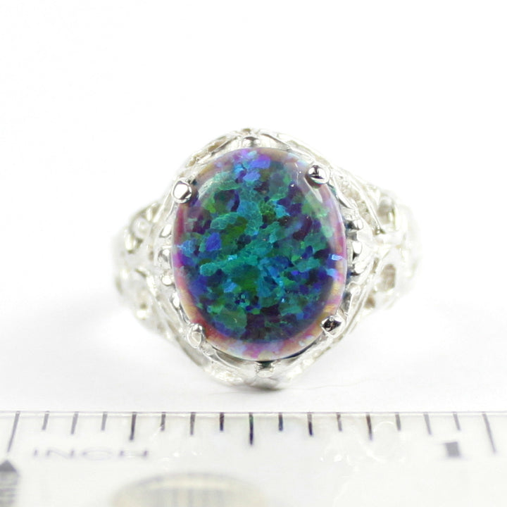 SR114 Created Blue Green Opal 925 Sterling Silver Ring, Image 4