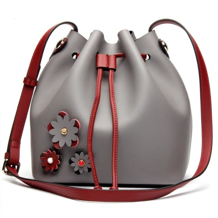 Womens Leather Hit Color Leisure Fashion Bucket Bag Image 4