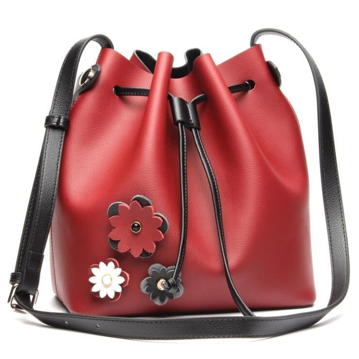 Womens Leather Hit Color Leisure Fashion Bucket Bag Image 2