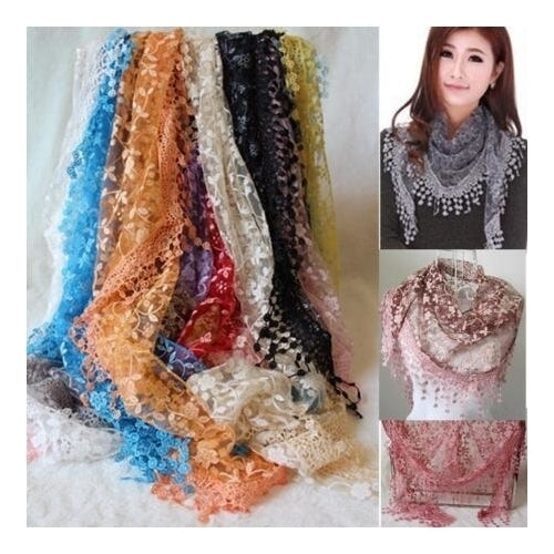 Sheer Lace Crochet Trim Shawl Scarf Image 1