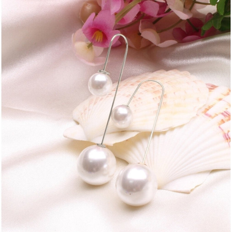 Double White Pearl Thread Drop Earrings Cultured Freshwater 18K Gold Plated Image 1