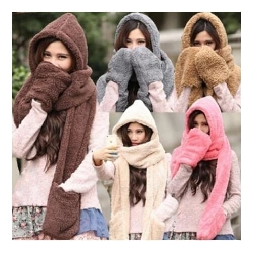 Soft Gloves Hats Plush 3 In 1 Hooded Scarf Image 1