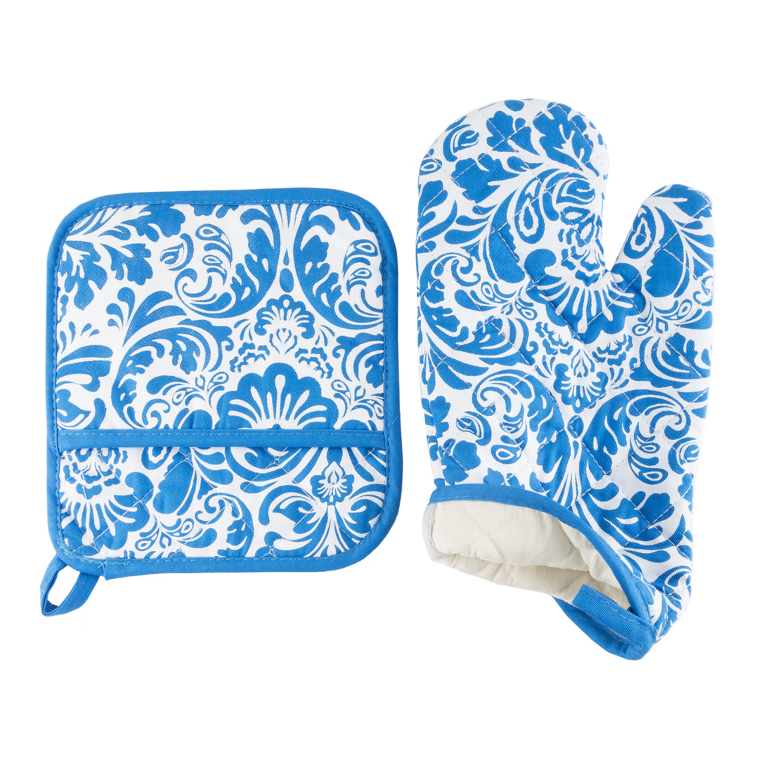 Oven Mitt and Pot Hold Oversized Flame Heat Protection Big Kitchen Safety Blue Image 3