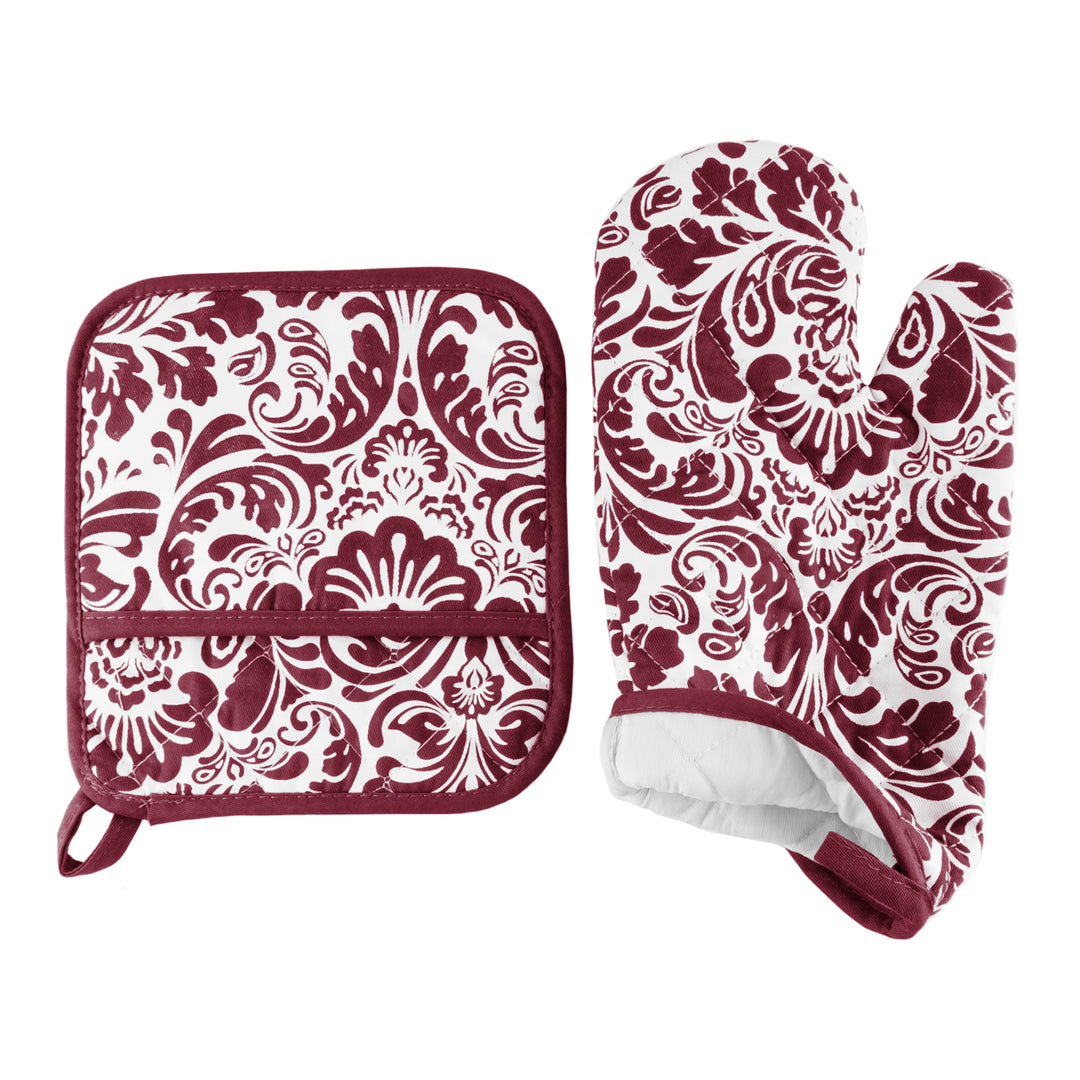 Oven Mitt and Pot Hold Oversized Flame Heat Protection Big Kitchen Safety Burgundy Image 3
