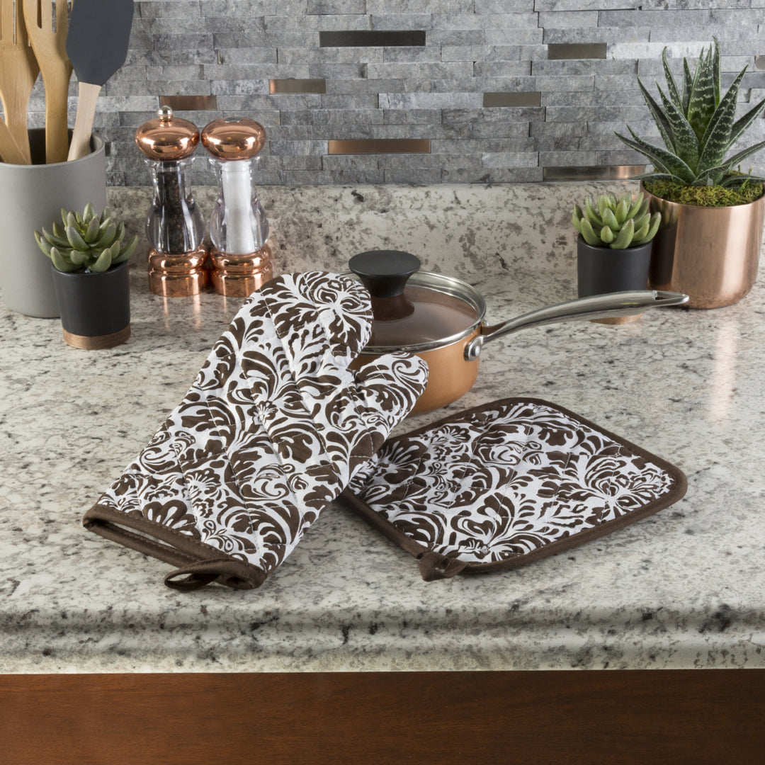 Oven Mitt and Pot Hold Oversized Flame Heat Protection Big Kitchen Safety Chocolate Image 2