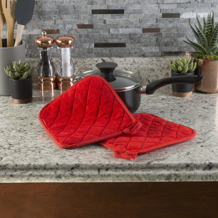 Lavish Home Cotton Oven Mitts Set of 2 Red Quilted Heat Protection 8x9 Image 2