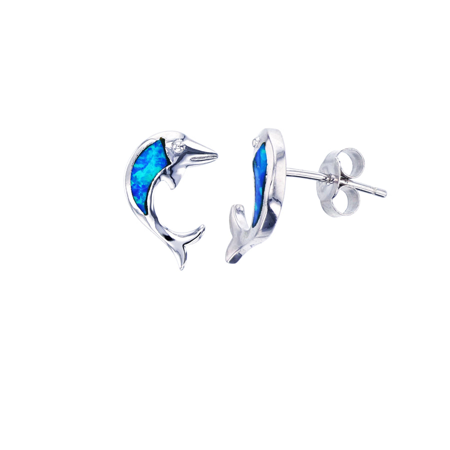 Sterling Silver Opal Dolphin shape Post Earrings Image 1