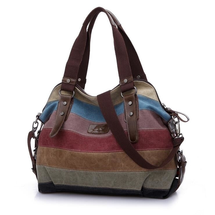 Women Stripe Canvas Tote Shoulder Messenger Crossbody Bag Image 4