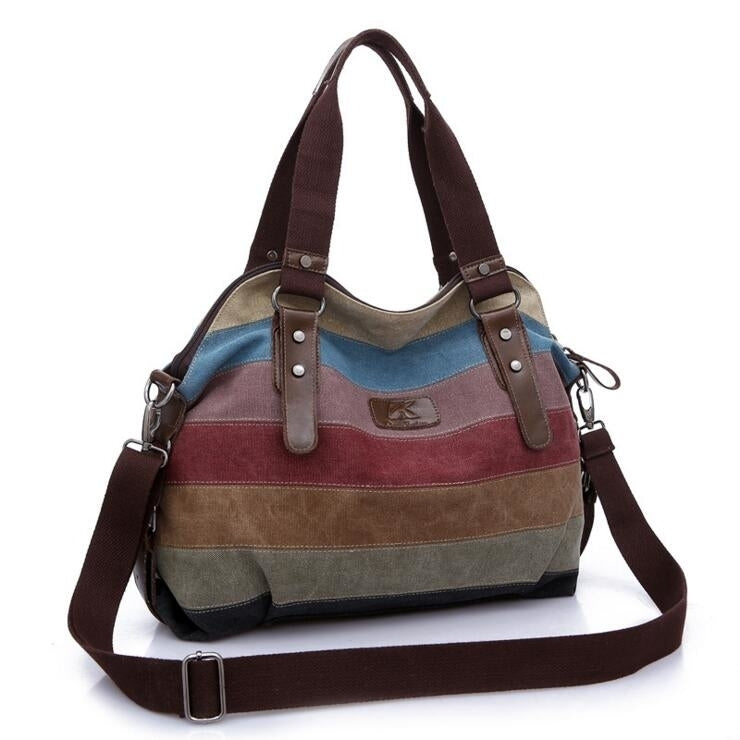 Women Stripe Canvas Tote Shoulder Messenger Crossbody Bag Image 4