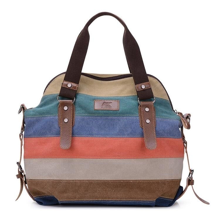 Women Stripe Canvas Tote Shoulder Messenger Crossbody Bag Image 3