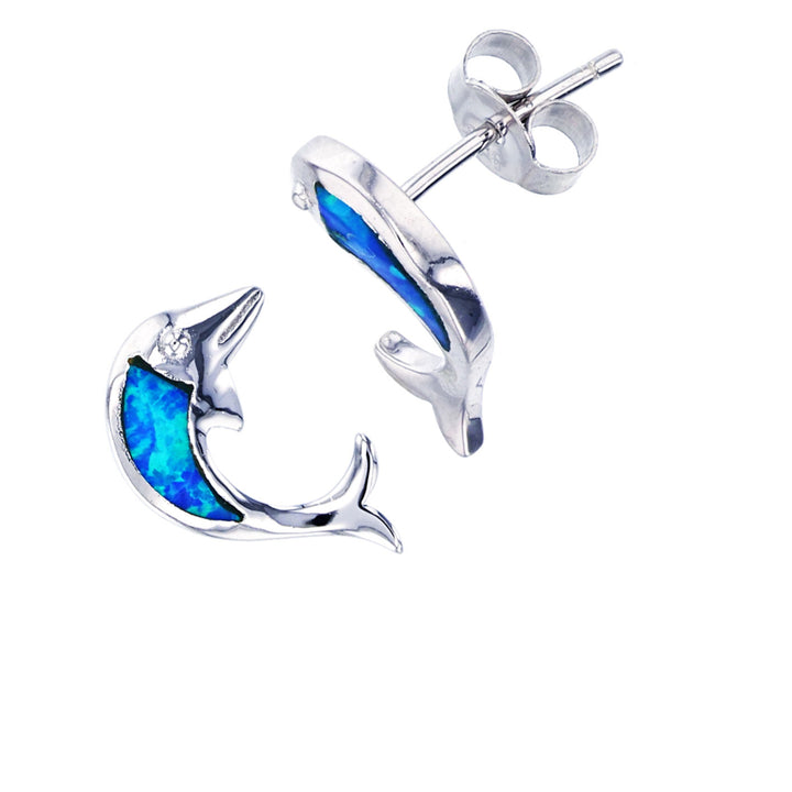 Sterling Silver Opal Dolphin shape Post Earrings Image 2