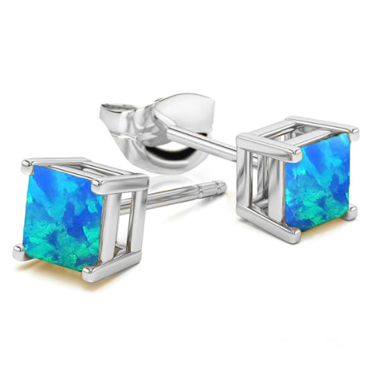 Sterling Silver Opal Stud Earrings 2.00 CTTW Square Cut 6mm Multicolor Image 2