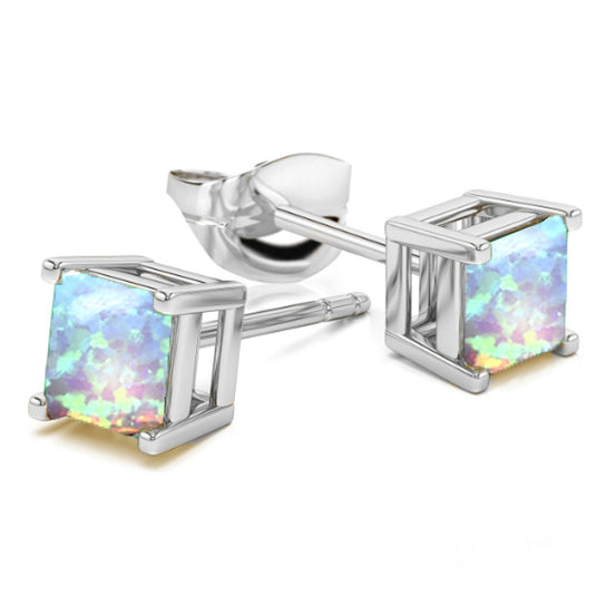 Sterling Silver Opal Stud Earrings 2.00 CTTW Square Cut 6mm Multicolor Image 3