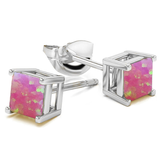 Sterling Silver Opal Stud Earrings 2.00 CTTW Square Cut 6mm Multicolor Image 4