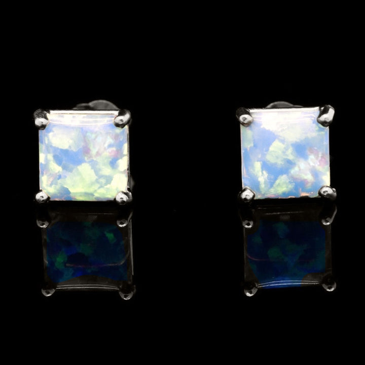 Sterling Silver Opal Stud Earrings 2.00 CTTW Square Cut 6mm Multicolor Image 6