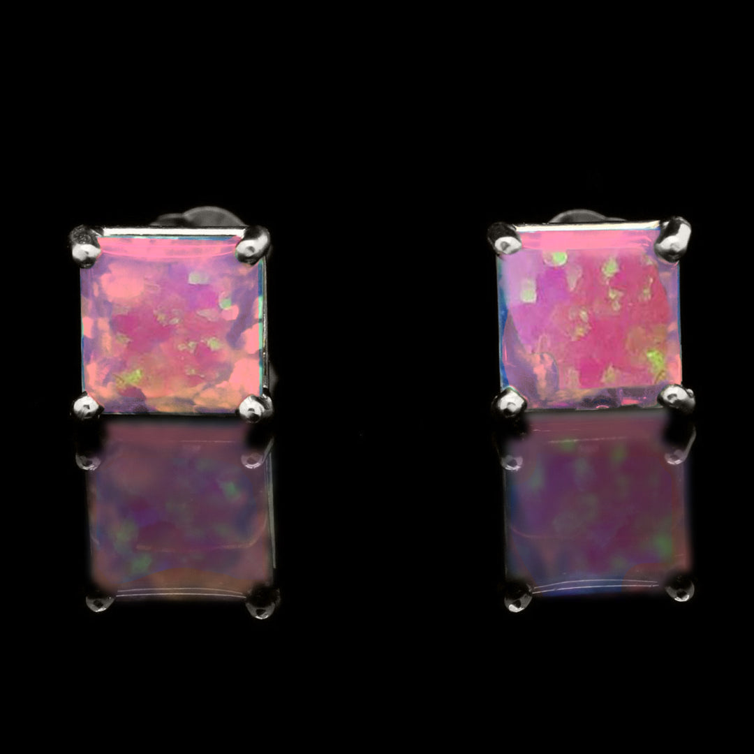 Sterling Silver Opal Stud Earrings 2.00 CTTW Square Cut 6mm Multicolor Image 7