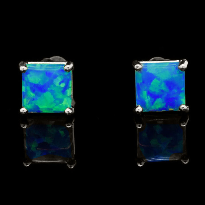 Sterling Silver Opal Stud Earrings 2.00 CTTW Square Cut 6mm Multicolor Image 8