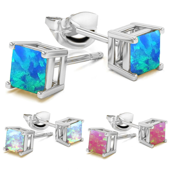 Sterling Silver Opal Stud Earrings 2.00 CTTW Square Cut 6mm Multicolor Image 1