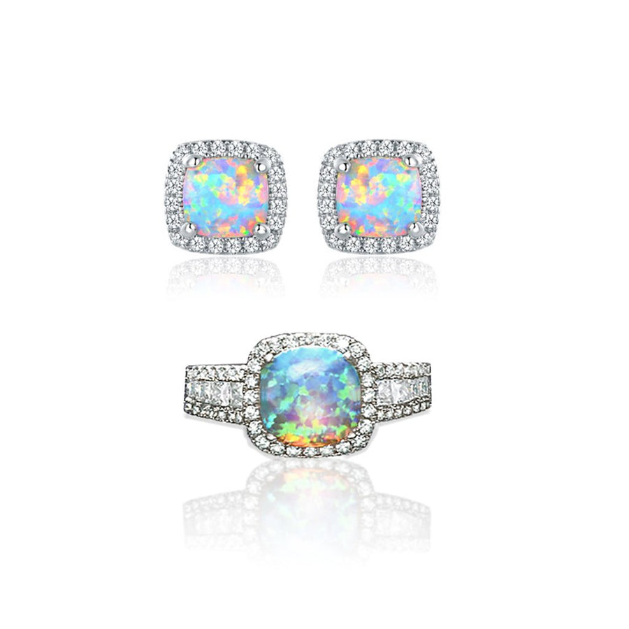 White Fire Opal Cushion Cut Earrings and Ring Set Sterling Silver 18k Gold Plated Image 1