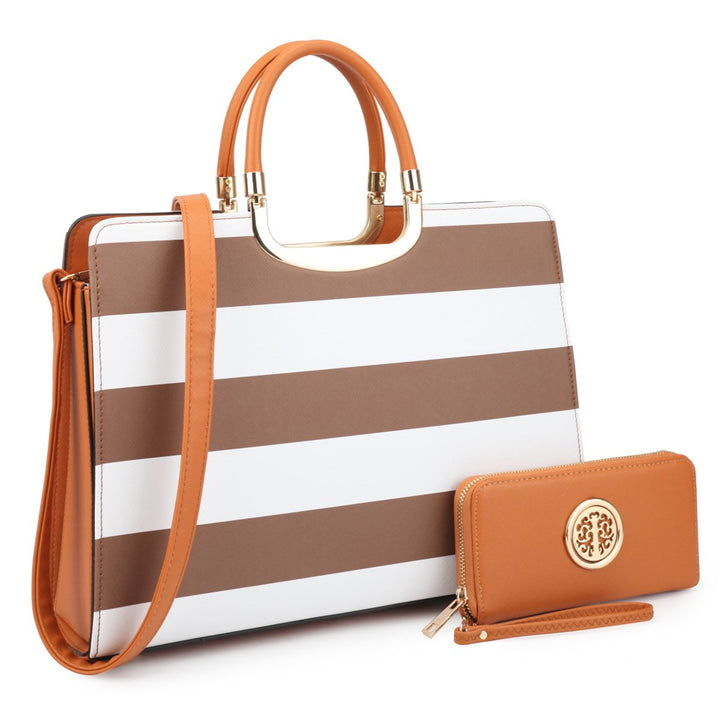 Dasein Womens Patent Leather Striped Briefcase Satchel with Matching Wallet 14.6" Image 1