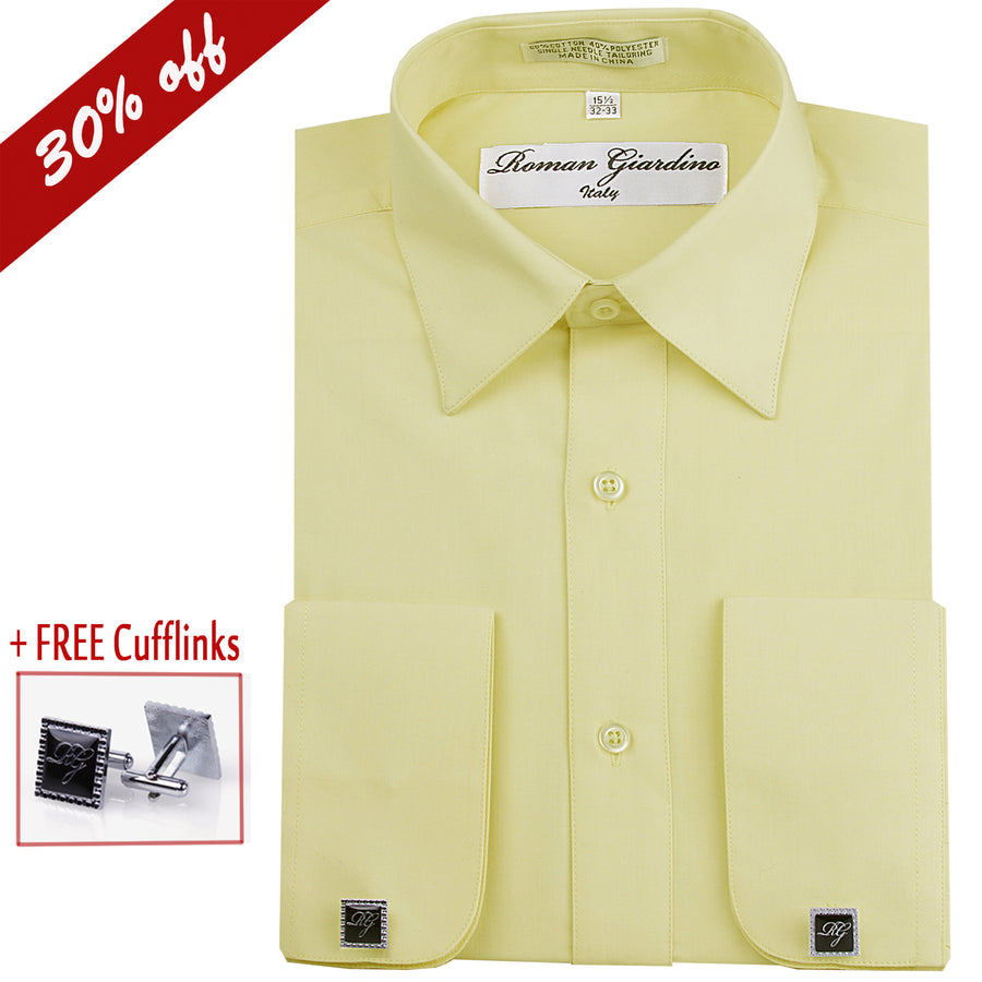 Roman Giardino Mens Dress Shirt Long Sleeve Convertible Cuffs the Italian Collar Cotton with Free cuff links Baby Yellow Image 1