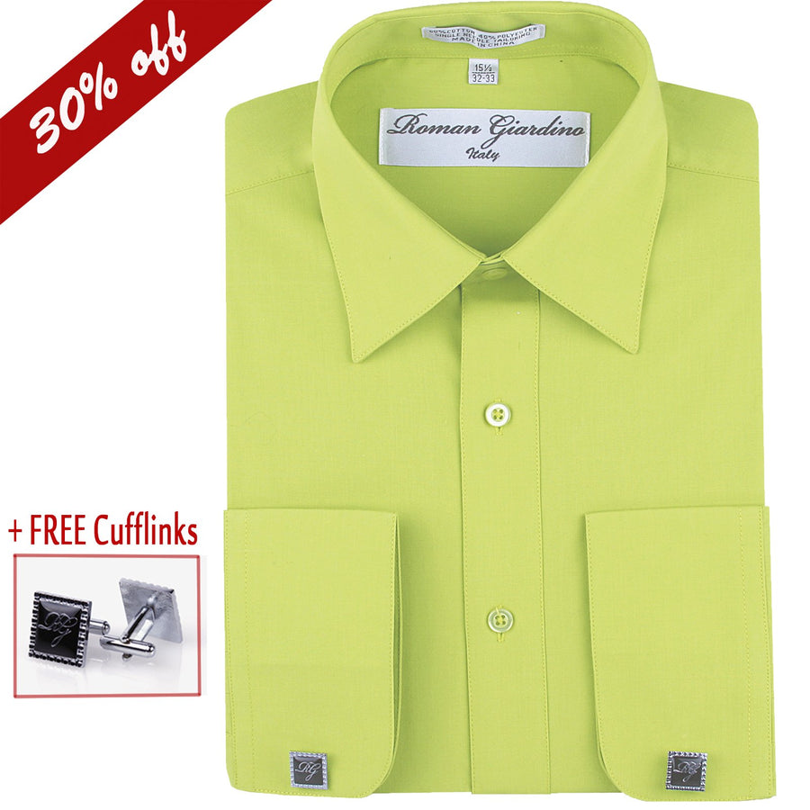 Roman Giardino Mens Dress Shirt Long Sleeve Convertible Cuffs the Italian Collar Cotton with Free cuff links Key Lime Image 1