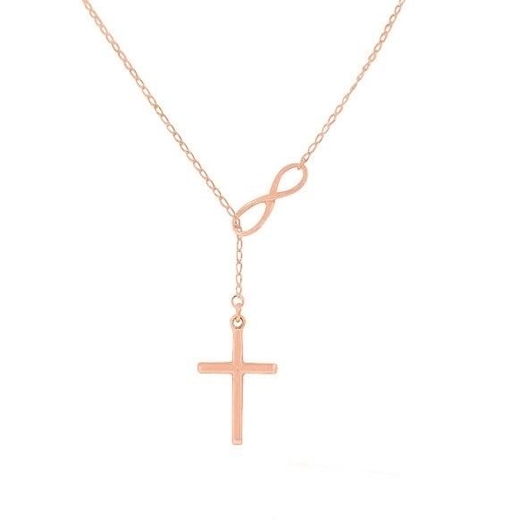 18k Gold Rose Gold Sterling Silver Infinity Cross Lariat Necklace 18" Image 1